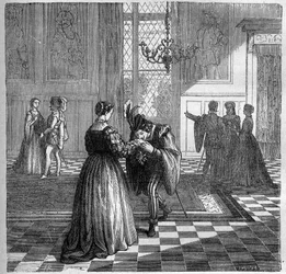 Królowa Małgorzata z Nawarry (1492-1549) spotyka Pomini. Grawer w „Historii prostytucji i rozpusty wśród wszystkich narodów świata od starożytności do dnia dzisiejszego” autorstwa dr Th. -F. Debray. 1879.