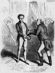 Rastignac zawroty głowy pozwala siwowłosemu mężczyźnie wziąć dziesięć ludwików. Grawerowanie w połowie XIX wieku. Ilustracja do „Ojca Goriota” Honore de Balzac (1799-1850).