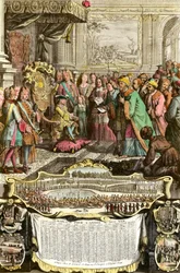 Przyjęcie Mehemeta Effendi tureckiego ambasadora wielkiego sułtana Achmeta przez Ludwika XV 21 marca 1721 r. w Tuileries. Rycina z XVIII wieku. Kolekcja prywatna.