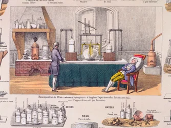 Rekompozycja wody z wodoru i tlenu: Antoine Laurent de Lavoisier (1743-94) eksperymentujący z oddychaniem odpoczywającego człowieka, ilustracja z tablicy edukacyjnej, ok. 1860 (kolorowy grawer