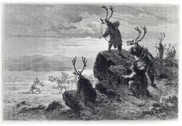 Polowanie na renifery w epoce kamienia, ilustracja z LHomme Primitif, Louis Figuier (1819-94) opublikowana przez Hachette, 1870