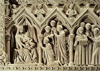Relief przedstawiający Ofiarowanie Mnichów Dziewicy autorstwa św. Etienne z Aubazine, z grobowca św.