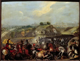 Wojny religijne: „”Henryk IV w bitwie pod Ivry 14/03/1590” Bitwa pod Ivry 14/03/1590 była świadkiem zwycięstwa armii królewskiej nad Ligą Katolicką. Został tam ranny Maksymilian z Bethune, książę Sully, minister króla. Malarstwo frene