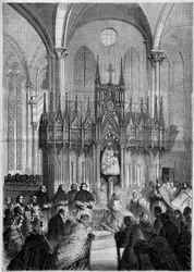 Sztuka sakralna: statua Notre Dame du Pillar lub „Virgo Noire” (ok. 1540) w katedrze w Chartres (Eure et Loire, 28) w 1858 r. Grawer „Le Monde Illustré” nr 89 z 25 grudnia 1858.