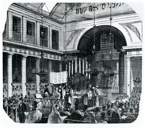 Ceremonia religijna w starej paryskiej synagodze na Rosz Haszana, ilustracja z Le Tableau de Paris autorstwa Edmonda Texiera, opublikowana w Paryżu, 1852