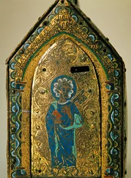 Relikwiarz ze scenami z życia św. Walerii, Limoges, ok. 1175 (drewno, miedź i emalia cloisonne, grawerowane i złocone)