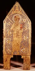 Relikwiarz św. Kalminiusza, fragment św. Pawła z mieczem i księgą, Limoges (emalia miedziano-szklana)