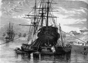 Remont statku (parowiec „Vera Cruz”): podnosimy tył, aby umieścić odkrytą helisę. 1863. Grawer w „”Le Monde Illustré””n°320 z 30 maja 1863.