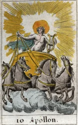 Przedstawienie Apollina, boga śpiewu, muzyki i poezji, na jego rydwanie (Apollo, bóg światła, muzyki i poezji). Z „Mitologii młodości” Pierre