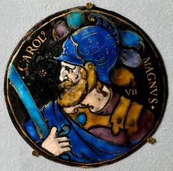 Reprezentacja Karola Wielkiego (742-814), króla Francji. Medalion w e-mailu z Limoges z XVI wieku. Posłuchaj, Narodowe Muzeum Renesansu