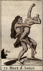 Reprezentacja Herkulesa Terrassanta Ante, króla Libii (Herakles (Herkules) zabijający Anteusza niedźwiedzim uściskiem) Z „Mitologii młodości” Pierre Blancharda 1803.