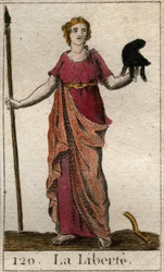 Przedstawienie Liberte jako kobiety trzymającej kapelusz frygijski i łopatę. (Wolność jako młoda kobieta, trzymająca frygijski kapelusz i szczupak). Z „Mitologii młodości” Pierre