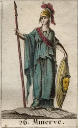 Przedstawienie Minerwy, bogini sztuk, wojny i nauki. Ma na sobie zbroję. (Minerwa, bogini wojny, nauk i sztuk, przedstawiona w zbroi). Z «Mitologii młodości» Pierre