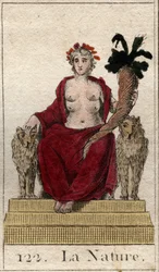 Reprezentacja Natury jako kobieta na tronie z rogiem obfitości, z wieloma piersiami, by nakarmić wszystkie istoty. (Natura jako młoda kobieta z rogiem obfitości i kilkoma sutkami, aby nakarmić wszystkie istoty). Z „Mitologii młodości” Pierre