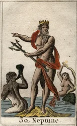 Przedstawienie Neptuna, boga mórz, trzymającego trójząb. Bóg morza Neptun trzyma trójząb. Z „Mitologii młodości” Pierre