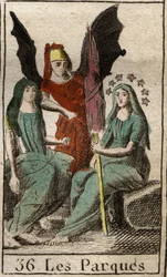 Przedstawienie Parques (Gabinet), Clotho, Lachesis i Atropos, bóstw ludzkiego przeznaczenia, od narodzin do śmierci, jako bardzo stare kobiety wirujące. (Parcae, Clotho, Lachesis i Atropos, personifikacja ludzkiego przeznaczenia, przedstawiana jako wirując