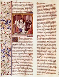 Przedstawienie dziecka świętego Bernarda z Clairvaux (San Bernardo di Chiaravalle) (1090-1153). Znajduje się pośrodku obrazu, aureola nad jego głową. Miniatura w "Le miroir historial" (Speculum Historiale) (ms. 1196, fol. 372) autorstwa Vincenta de Beauva.