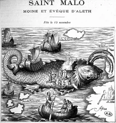 Przedstawienie Saint Malo (Saint Maclou) na grzbiecie wieloryba przedstawione na wzór Saint Brendan (Brandan) przez Clonferta lub Breanainn przez Clonferta (ok. 484-577/578) - rycina