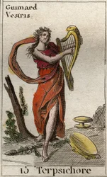 Reprezentacja Terpsychora, muza tańca, gra na lirze (Reprezentacja Terpsychora, muza tańca, trzymająca lirę). Z „Mitologii młodości” Pierre