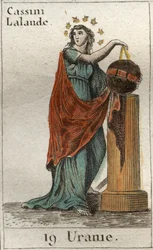 Przedstawienie Uranii, muzy astronomii i astrologii, trzyma globus i cyrkiel. Z «Mitologii młodości» Pierre