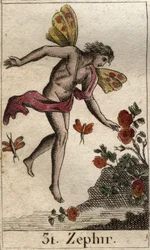 Przedstawienie Zefira, personifikacji zachodniego wiatru. (Zefir lub Zefyrus, personifikacja zachodniego wiatru). Z „Mitologii młodości” Pierre