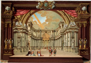Przedstawienie sztuki Jeana Baptiste Poquelina dit Moliere (1622-1673) w teatrze zamku w Wersalu. Litografia XIX wieku. Sztuka dekoracyjna, Paryż