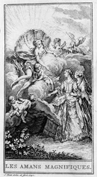 Przedstawienie sceny z utworu „Les lovers magnificients”” (1670) Jeana Baptiste Poquelin dit Moliere (1622-1673). Grawerowanie z 1740 roku.