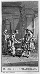 Przedstawienie sceny utworu „Monsieur de Pourceaugnac” (1669) autorstwa Jeana Baptiste Poquelin dit Moliere (1622-1673). Grawerowanie z 1740 roku.
