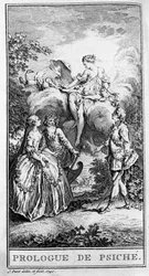 Przedstawienie sceny utworu „Prologue de Psyche” Jeana Baptiste Poquelina dit Moliere (1622-1673). Grawerowanie z 1740 roku.