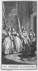 Przedstawienie sceny ze sztuki „Les femmes savantes” (1672) Jeana Baptiste Poquelin dit Moliere (1622-1673). Grawerowanie z 1740 roku.