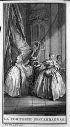 Przedstawienie sceny ze sztuki „Hrabina Escarbagnas” (1671) Jeana Baptiste Poquelina dit Moliere (1622-1673). Grawerowanie z 1740 roku.
