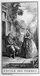 Przedstawienie sceny ze spektaklu „Szkoła kobiet” (1662) autorstwa Jeana Baptiste Poquelin dit Moliere (1622-1673). Grawerowanie z 1739 roku.