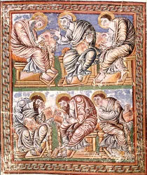 Przedstawienie sześciu apotrosów karolińskiej miniatury szkoły z Reims zaczerpnięte z "Collectio Canon Hadriana" (Ms A-5 f. 14 v) (prawdopodobny zbiór dekretaliów zredagowany przez Incmara de Reims) Koniec IX w. Biblioteca Vallicelliana Rzym