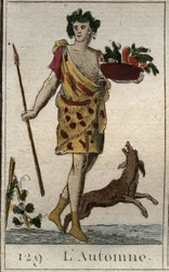 Reprezentacja sezonu jesiennego jako Vertumne trzymająca kosz owoców z psem. (Lato przedstawiane jako Vertumnus trzymający kosz owoców z psem). Z „Mitologii młodości” Pierre