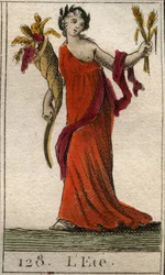 Reprezentacja sezonu letniego jako Ceres trzymająca wieniec pszenicy i róg obfitości. (Lato reprezentowane jako Ceres trzymająca liść i róg obfitości). Z „Mitologii młodości” Pierre