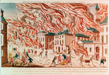 Przedstawienie straszliwego pożaru Nowego Jorku w 1776 roku (kolorowa rycina)