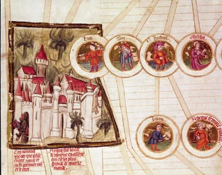 Przedstawienie miasta Nimrud (Kalkhu lub Kalhu lub Kalwakhum i Kalakh) oraz genealogia rodziny Labana i Rebeki Page zaczerpnięta z rękopisu „Genealogy de la Bible”” szkoły francuskiej. Cremone z XIV wieku, biblioteca Governativa