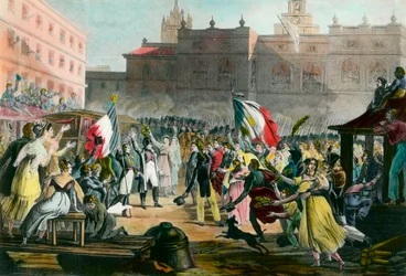 Powrót Napoleona Bonaparte (1769-1821) z wyspy Elba do Grenoble w marcu 1815 r. Rycina około 1815 r. Kolekcja prywatna