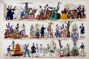 Rewolucja lutego 1848: wielkie momenty powstania 23 lutego, barykady, potem bratanie się żołnierzy, robotników i burżuazji, zniszczenie symboli władzy Ludwika Filipa I (Ludwika Filipa) i wreszcie
