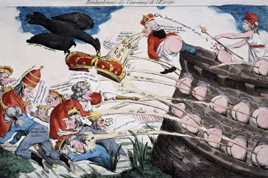Rewolucjoniści prowadzeni przez Mariannę bombardują europejskich monarchów własnym gównem. Karykatura opublikowana w okresie rewolucji francuskiej. Akwaforta. 1792. Musée Carnavalet