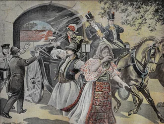 Atak rewolwerowy na Milana Obrenovicha (1854-1901) byłego króla Serbii (1882-1889) 7 lipca 1899 na ulicach Sofii. Grawer w „”Le Pelerin”” 23.07.1899.