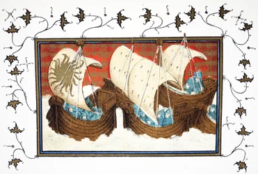 Richard IIs i jego flota lądowania Milford Haven, faksymile z Le Prinse et Mort du Roy Richart autorstwa Jean Creton, przedruk z XIX wieku