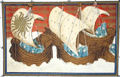 Richard IIs i jego flota lądowania Milford Haven, faksymile z Le Prinse et Mort du Roy Richart autorstwa Jean Creton, przedruk z XIX wieku