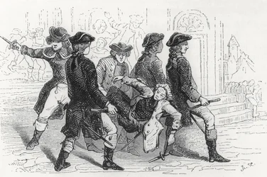 Zamieszki w Rennes, ranny dżentelmen, ilustracja z Bretanii i Wandei, Historia rewolucji na Zachodzie autorstwa Pitre-Chevaliera (1812-63) wydana przez W. Coqueberta 1845-48