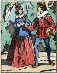 Riquet ponownie przedstawia się księżniczce. Ilustracja do „Riquet a la houppe”, opowiadania Charlesa Perraulta (1628-1703), francuskiego pisarza. Drzeworyt Imaging Pellerin - Epinal, sd. Koniec XIX wieku.