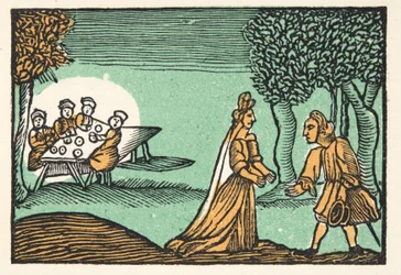 Riquet with the Tuft, z Historii lub Opowieści minionych czasów, opowiadanych przez Mother Goose, With Morals, M Perrault, wyd. 1925 (ręcznie barwiony drzeworyt)
