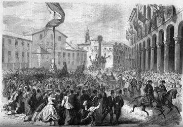 Risorgimento - Aneksja Wenecji do Włoch - 1866: wjazd do Rovigo króla Włoch Vittorio Emanuele II (Victor Emmanuel II) (Victor Emmanuel) (1820-1878). Grawer w „”Le Monde Illustré”” nr 488 z 18 sierpnia 1866 r.