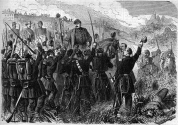 Risorgimento - Bitwa pod Montebello della Battaglia (Włochy), 21 maja 1859: francuski generał Elie Frederic Forey (1804 - 1872), dowódca armii włoskiej, został zatriumfowany przez swoich żołnierzy po zwycięstwie nad armią austriacką. Grawerowanie w „” Le M