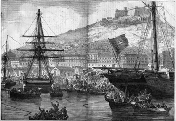 Risorgimento, Neapol, 21 października 1860: głosowanie marynarki wojennej w sprawie przyłączenia miasta do Królestwa Włoch. Grawer w „Le Monde Illustré” nr 186 z 3 listopada 1860 r.