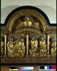 Sztuka romańska: nastawa ołtarzowa Zesłania Ducha Świętego: antependium z drewna, miedzi i emalii. Detal. Ze Stavelot (Moza). Około 1160-1170. Paryż, Narodowe Muzeum Średniowiecza, Thermes de Cluny